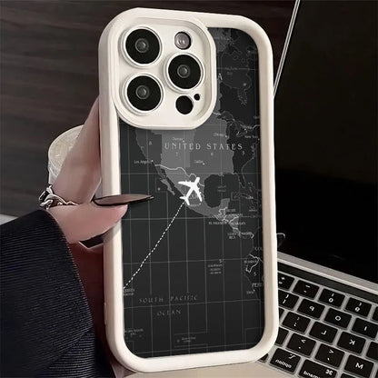 Soft Liquid Silicone Phone Case For iPhone 11 12 13 14 15 16 Pro Max XS X XR 7 8 15 16 Plus Travel-Inspired Airplane Route Cover