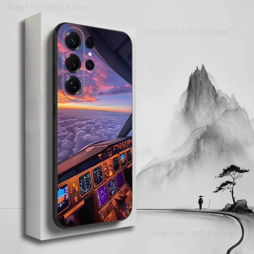 Aviation Cockpit Pilot Phone Case For Samsung S25,S24,S23,S22,S21,S20,S10,S9,Ultra,Plus,Lite,FE,Soft Silicone Black Cover