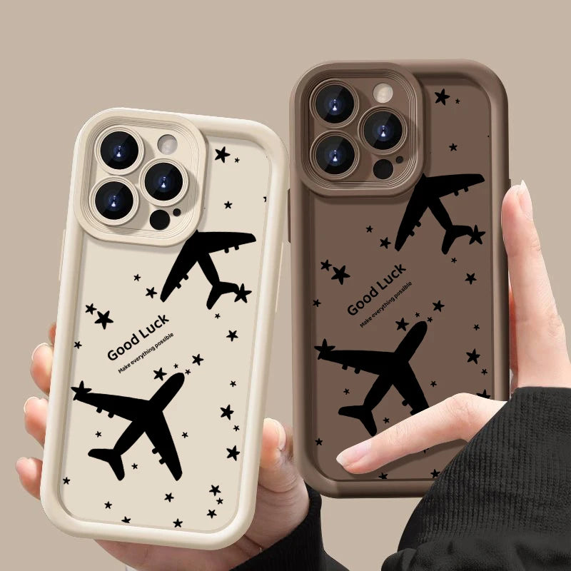 Shockproof Luxury Airplane Pattern Silicone Case For iPhone 16 15 14 Pro Max 11 12 13 Pro 16E XR 15 16 Plus Soft TPU Phone Cover