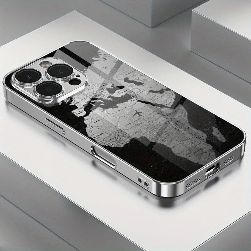 Minimalist Creative World Map Design Electroplated Silver Phone Case For Samsung Galaxy S25 S24 S23 Ultra Plus FE Glass Cover