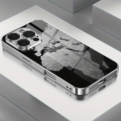 Minimalist Creative World Map Design Electroplated Silver Phone Case For Samsung Galaxy S25 S24 S23 Ultra Plus FE Glass Cover