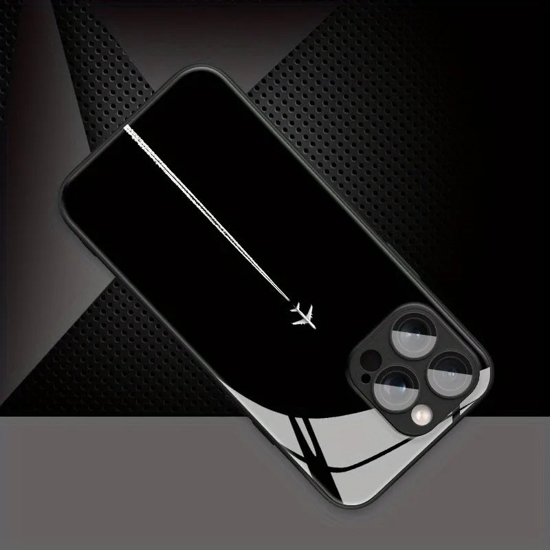 Sky Airplane Contrail Pattern Tempered Glass Phone Case For iPhone 11 12 13 14 15 16 17 Pro Max 17Air 16E 7 8 Plus XR XS X Cover