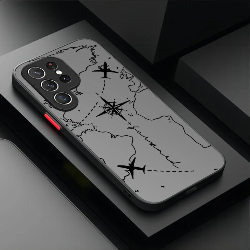 Travel Airplane Route Matte Case For Samsung Galaxy S25 Ultra S23 S24 S22 S21 Plus FE A56 A36 A26 A16 A06 A15 A25 A35 A55 5G