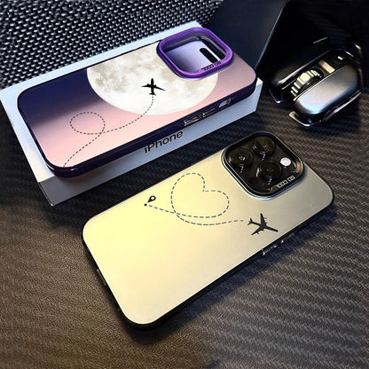 Silver Matte Line Heart Airplane Phone Case For iPhone 15 14 13 12 11 16 Pro Max 16E 7 8 Plus X XR XS MAX SE2 Hard Back Cover