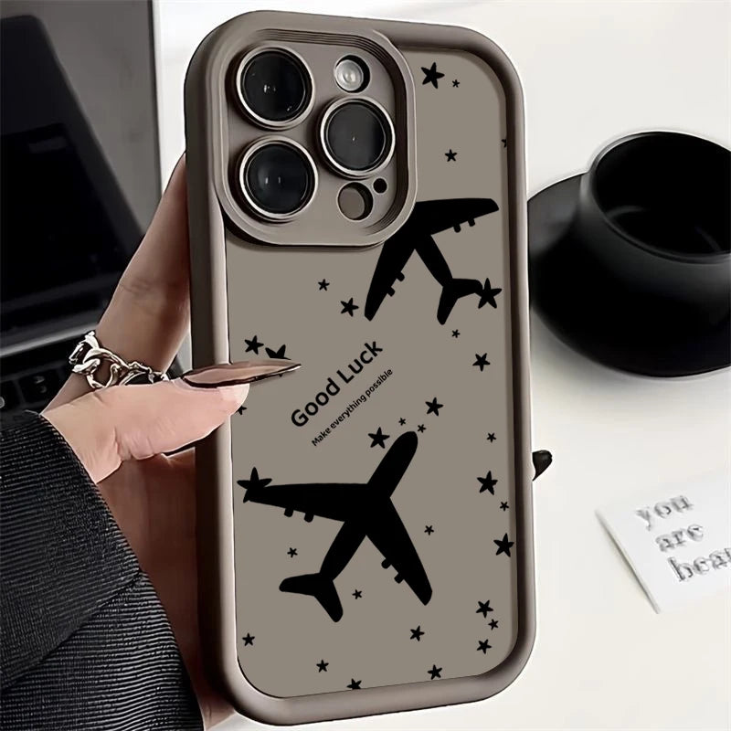 Shockproof Luxury Airplane Pattern Silicone Case For iPhone 16 15 14 Pro Max 11 12 13 Pro 16E XR 15 16 Plus Soft TPU Phone Cover