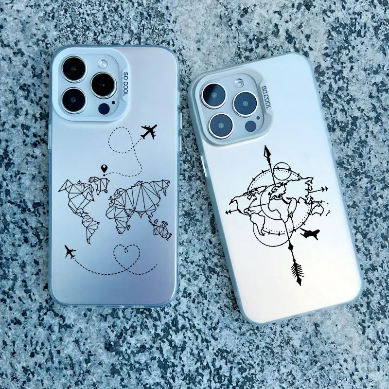 World Map Travel Airplane Phone Case For iphone 16 15 13 14 Pro Max Plus 11 12 Pro Max 13 Mini Back Shockproof Laser Covers