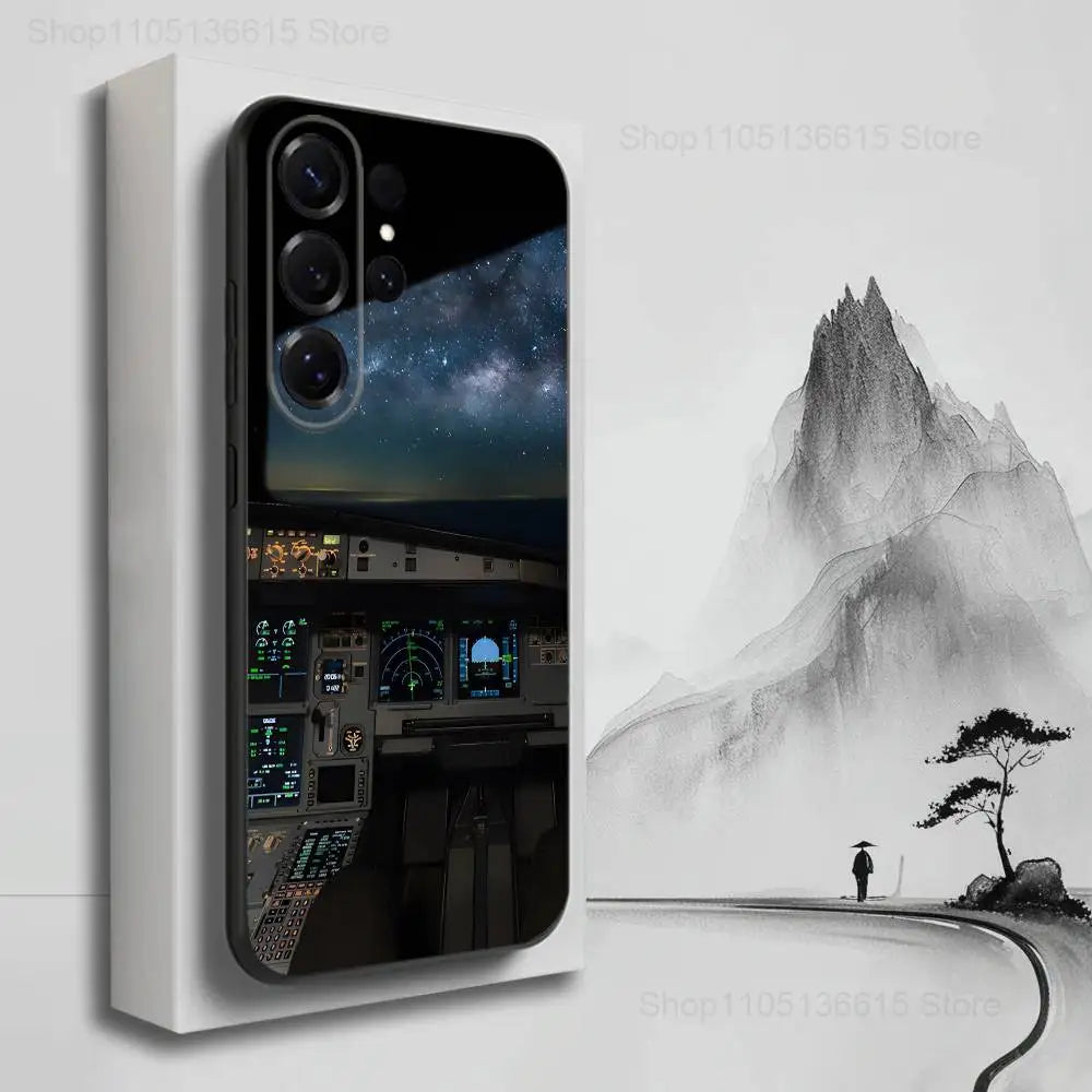 Aviation Cockpit Pilot Phone Case For Samsung S25,S24,S23,S22,S21,S20,S10,S9,Ultra,Plus,Lite,FE,Soft Silicone Black Cover