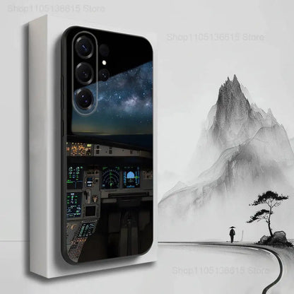 Aviation Cockpit Pilot Phone Case For Samsung S25,S24,S23,S22,S21,S20,S10,S9,Ultra,Plus,Lite,FE,Soft Silicone Black Cover