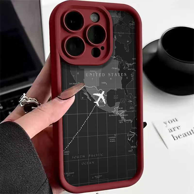 Soft Liquid Silicone Phone Case For iPhone 11 12 13 14 15 16 Pro Max XS X XR 7 8 15 16 Plus Travel-Inspired Airplane Route Cover