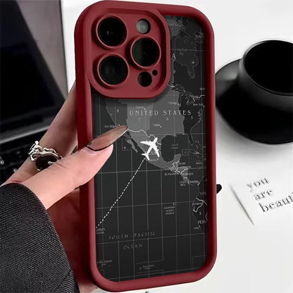 Soft Liquid Silicone Phone Case For iPhone 11 12 13 14 15 16 Pro Max XS X XR 7 8 15 16 Plus Travel-Inspired Airplane Route Cover