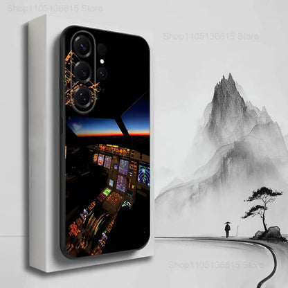 Aviation Cockpit Pilot Phone Case For Samsung S25,S24,S23,S22,S21,S20,S10,S9,Ultra,Plus,Lite,FE,Soft Silicone Black Cover