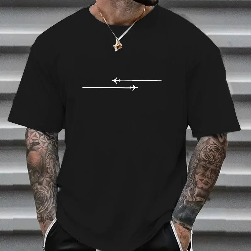 100% Cotton Casual Loose Large Creative Airplane Printed Comfortable Sports Round Neck Short Sleeve T-shirt