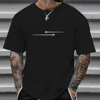 100% Cotton Casual Loose Large Creative Airplane Printed Comfortable Sports Round Neck Short Sleeve T-shirt