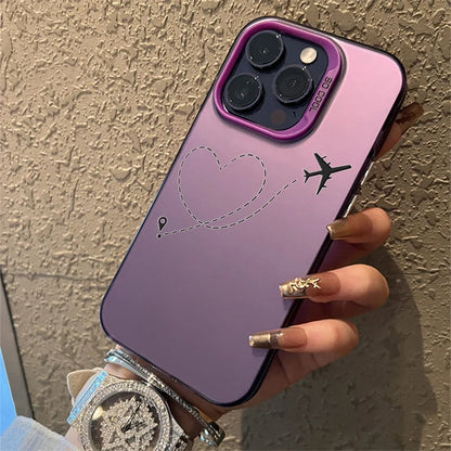 Silver Matte Line Heart Airplane Phone Case For iPhone 15 14 13 12 11 16 Pro Max 16E 7 8 Plus X XR XS MAX SE2 Hard Back Cover