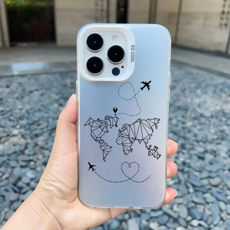 World Map Travel Airplane Phone Case For iphone 16 15 13 14 Pro Max Plus 11 12 Pro Max 13 Mini Back Shockproof Laser Covers