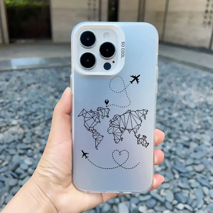 World Map Travel Airplane Phone Case For iphone 16 15 13 14 Pro Max Plus 11 12 Pro Max 13 Mini Back Shockproof Laser Covers