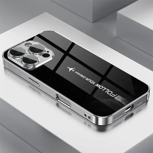 Travel-inspired Airplane Route Glass Electroplated Phone Case For iPhone 11 12 13 14 15 16 17 Pro Max Plus 16E 17 Air Cover