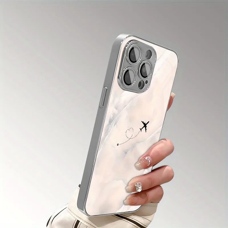 Travel Plane Love Heart Tempered Glass Electroplated Phone Case For iPhone 17 16 15 Pro Max 14 Plus 13 12 11 16E 17 Air Cover