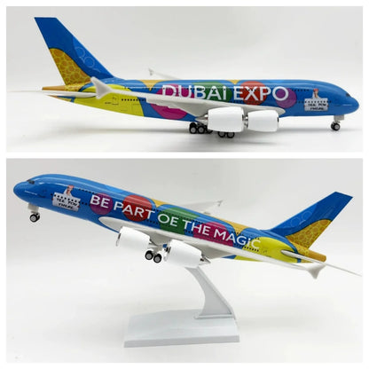 Display Toy Resin Plane 30CM Scale Model Diecast Airways A380 Dubai Expo Painted Aviation Airplane With Wheel Collection Gifts