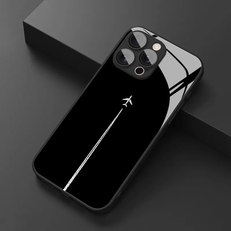 Sky Airplane Contrail Pattern Tempered Glass Phone Case For iPhone 11 12 13 14 15 16 17 Pro Max 17Air 16E 7 8 Plus XR XS X Cover