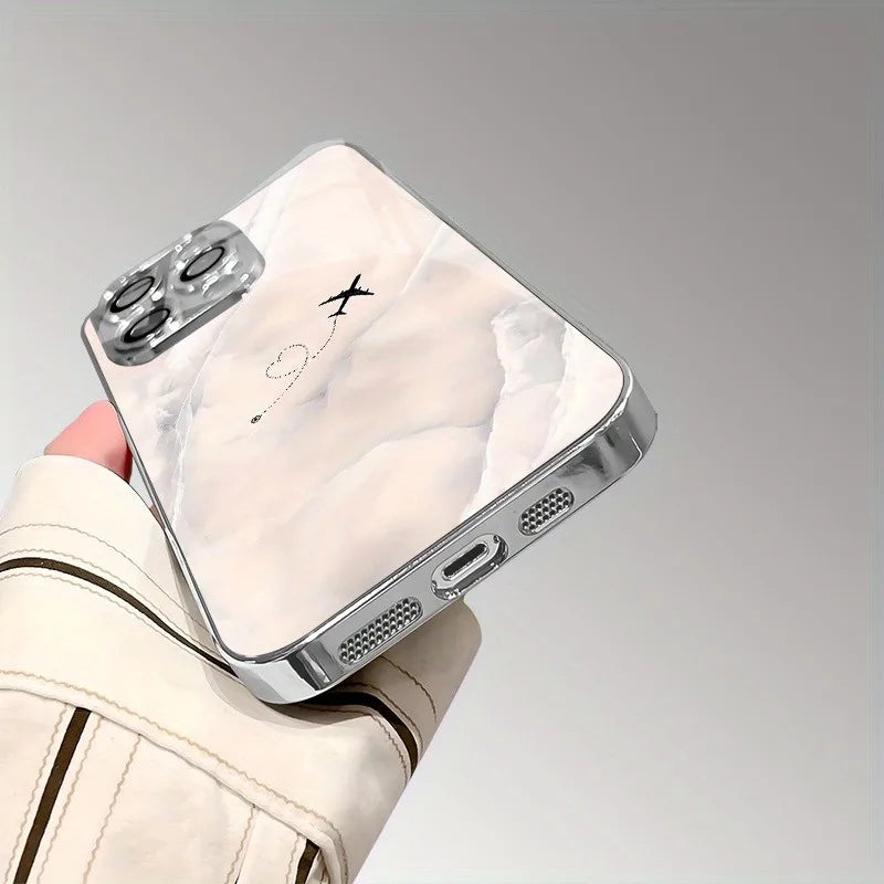 Travel Plane Love Heart Tempered Glass Electroplated Phone Case For iPhone 17 16 15 Pro Max 14 Plus 13 12 11 16E 17 Air Cover