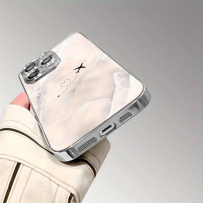 Travel Plane Love Heart Tempered Glass Electroplated Phone Case For iPhone 17 16 15 Pro Max 14 Plus 13 12 11 16E 17 Air Cover