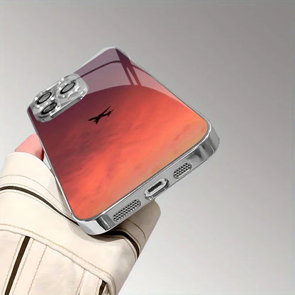 Sunset Colorful Cloud Airplane Print Glass Electroplated Phone Case For iPhone