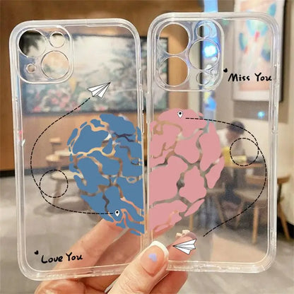 Aircraft Love Heart Couple Phone Case For IPhone 16 15 14 12 11 Pro Max 13 Mini XR XS X 7 8 Plus Plane Transparent Cover Fundas