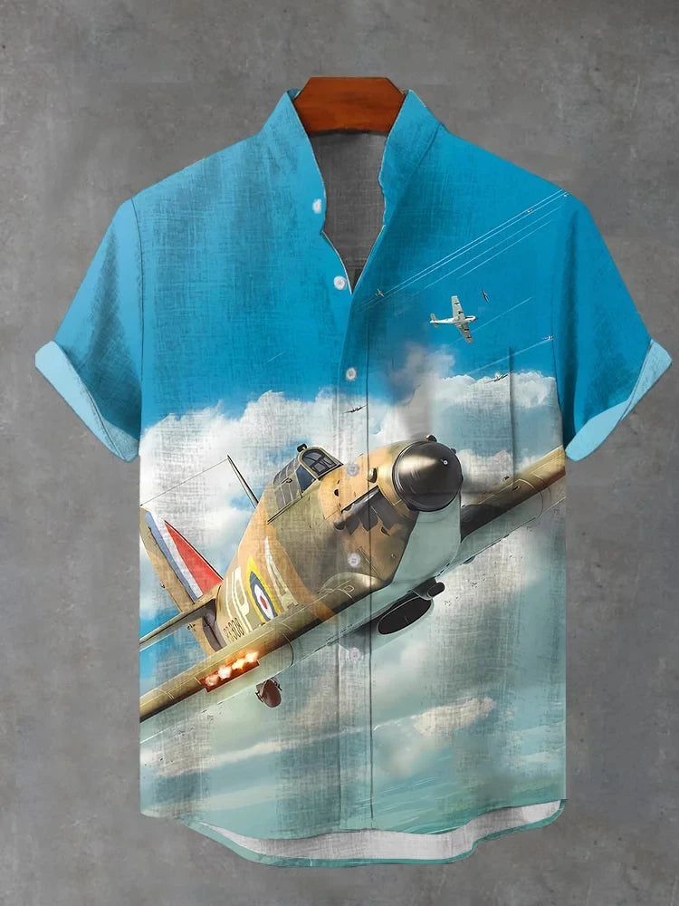 Men's stylish airplane print short sleeve shirt polyester fabric suitable for summer vacation