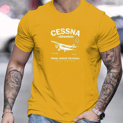 100 % cotton fashionable casual sports loose fit plus size airplane pattern printed round neck short sleeved T-shirt