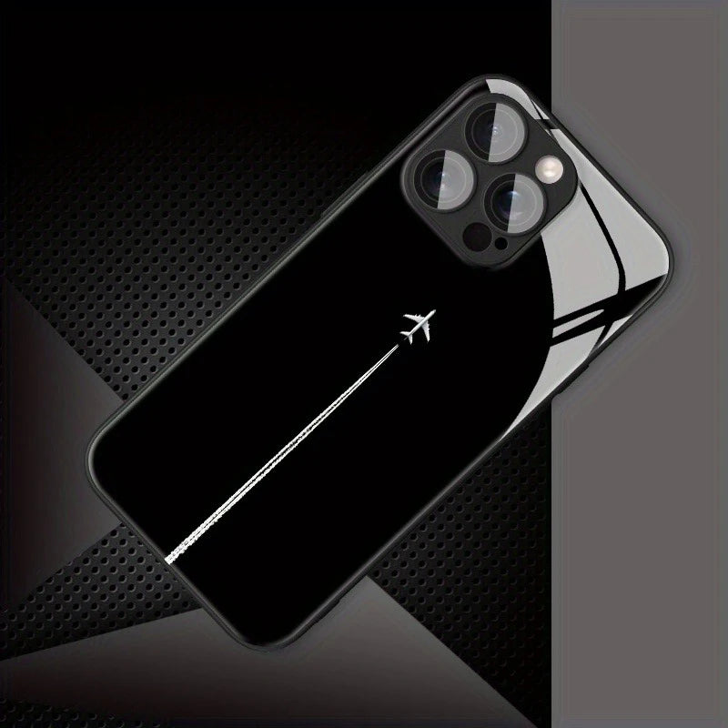 Sky Airplane Contrail Pattern Tempered Glass Phone Case For iPhone 11 12 13 14 15 16 17 Pro Max 17Air 16E 7 8 Plus XR XS X Cover