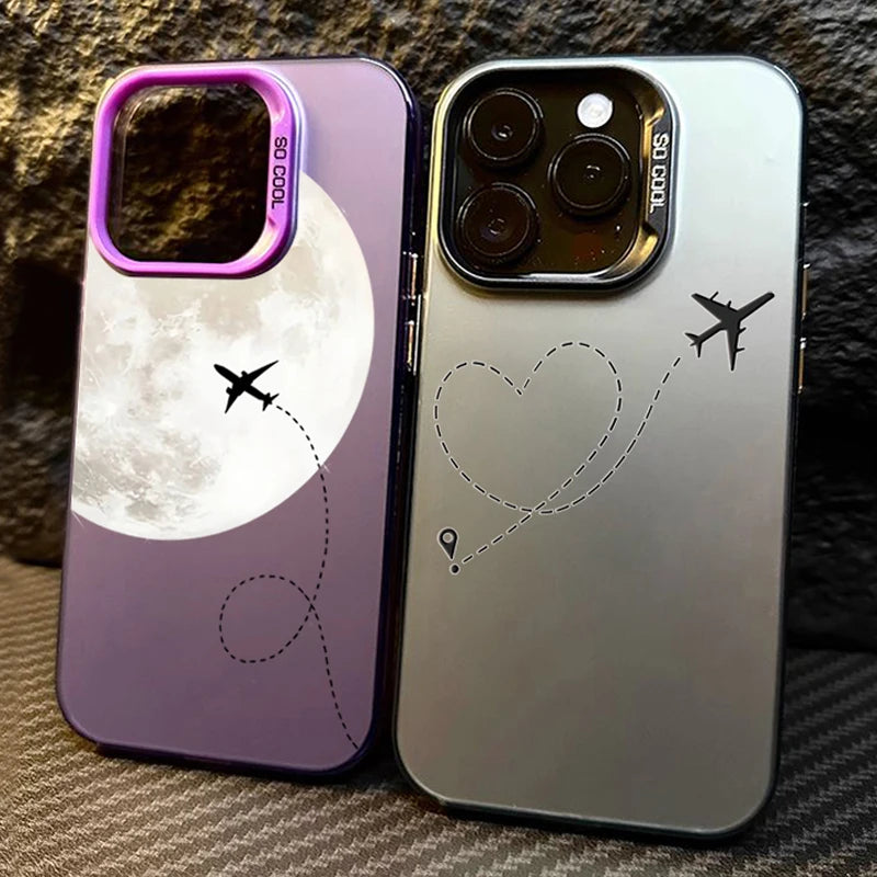 Silver Matte Line Heart Airplane Phone Case For iPhone 15 14 13 12 11 16 Pro Max 16E 7 8 Plus X XR XS MAX SE2 Hard Back Cover