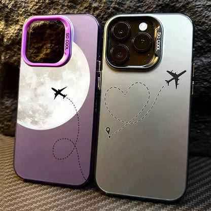 Silver Matte Line Heart Airplane Phone Case For iPhone 15 14 13 12 11 16 Pro Max 16E 7 8 Plus X XR XS MAX SE2 Hard Back Cover