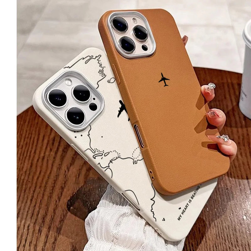 Airplane Lichee Design Leather Phone Case For iPhone 17 16 15 14 Pro Max 13 12 11 XS X XR 7 8 16 Plus SE2 Shockproof Soft Cover