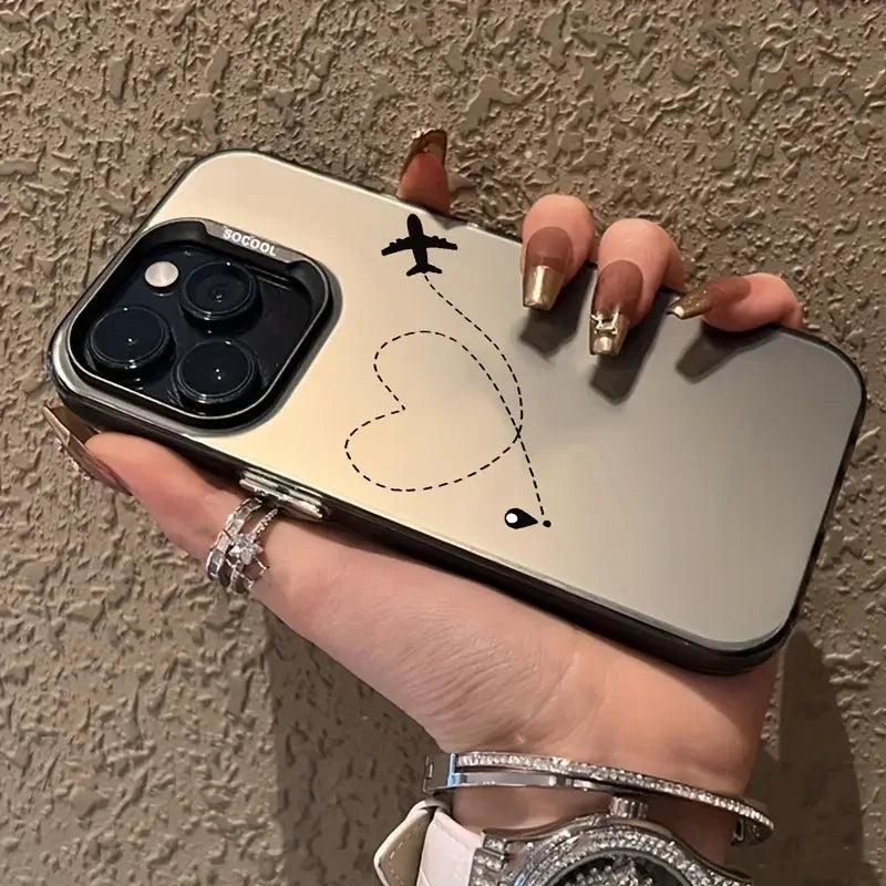 Silver Matte Line Heart Airplane Phone Case For iPhone 15 14 13 12 11 16 Pro Max 16E 7 8 Plus X XR XS MAX SE2 Hard Back Cover