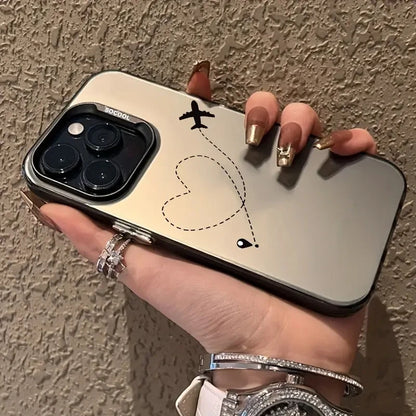 Silver Matte Line Heart Airplane Phone Case For iPhone 15 14 13 12 11 16 Pro Max 16E 7 8 Plus X XR XS MAX SE2 Hard Back Cover