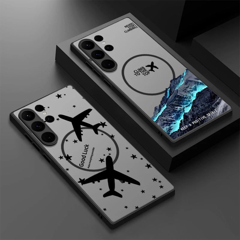 Creative Airplane Print Magnetic For Magsafe Case For Samsung Galaxy S25 Edge S23 S24 Ultra S21 S20 FE S22 Plus Capa Matte Cover