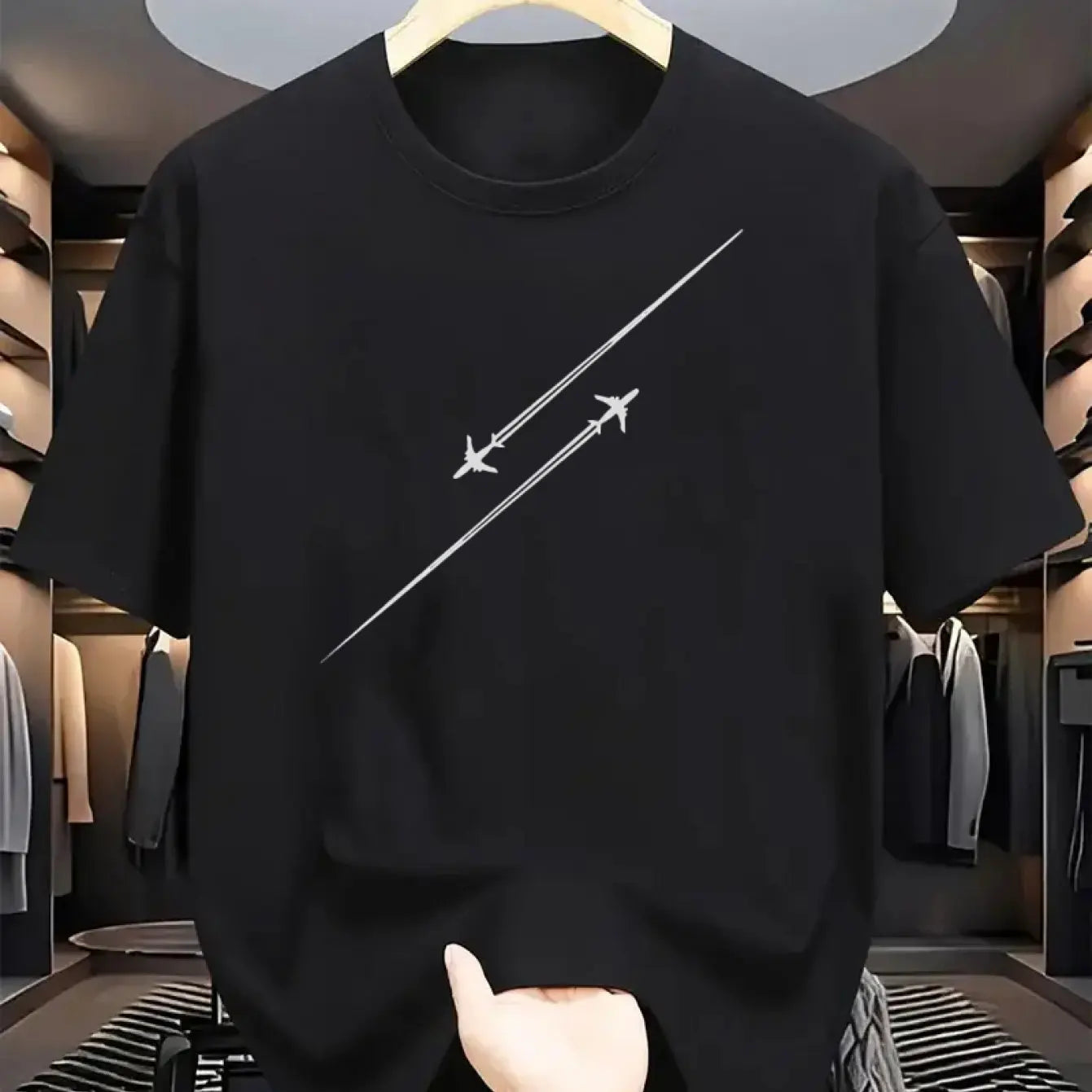 100% pure cotton airplane flight track printed fashionable and casual loose round neck short sleeved T-shirt top