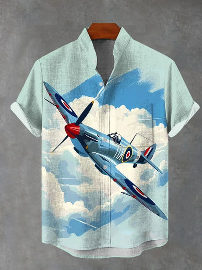 Men's stylish airplane print short sleeve shirt polyester fabric suitable for summer vacation