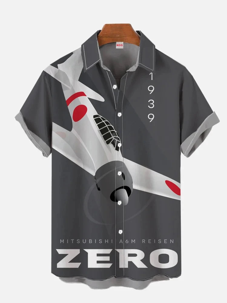 3D printed airplane model printed single-breasted shirt casual shirt lapel short-sleeved men