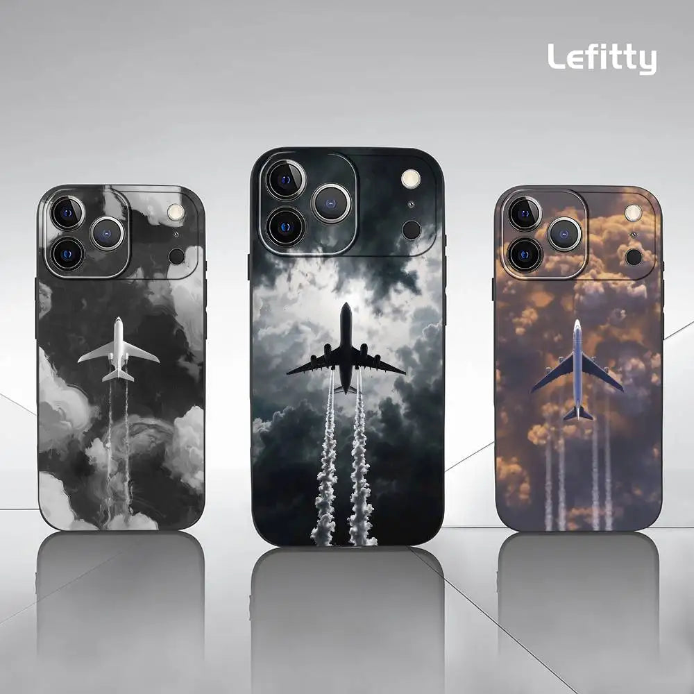 Airplane Plane Fly Travel Cloud Phone Case For IPhone 17 16 15 14 13 12 11 Pro Max Plus Mini Black Frosted Soft Shell Funda