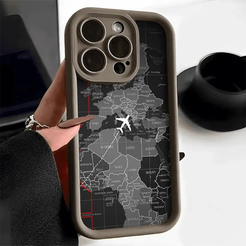 Soft Liquid Silicone Phone Case For iPhone 11 12 13 14 15 16 Pro Max XS X XR 7 8 15 16 Plus Travel-Inspired Airplane Route Cover