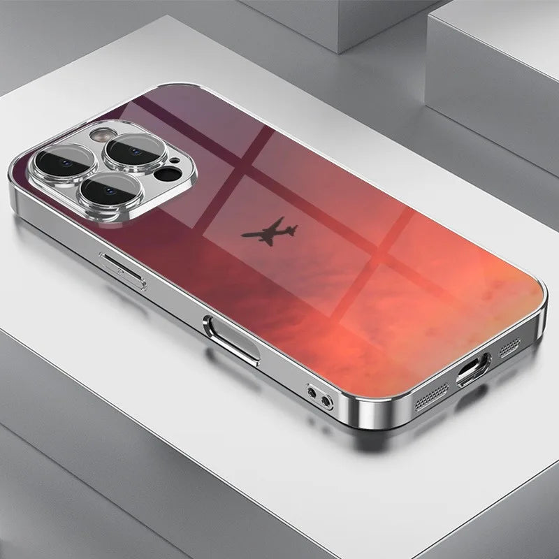 Sunset Colorful Cloud Airplane Print Glass Electroplated Phone Case For iPhone