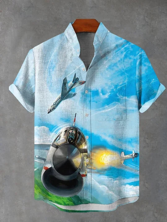 Men's stylish airplane print short sleeve shirt polyester fabric suitable for summer vacation