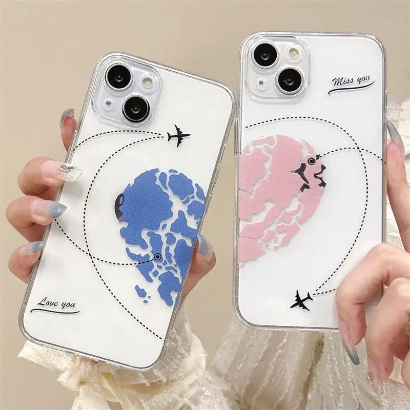 Aircraft Love Heart Couple Phone Case For IPhone 16 15 14 12 11 Pro Max 13 Mini XR XS X 7 8 Plus Plane Transparent Cover Fundas