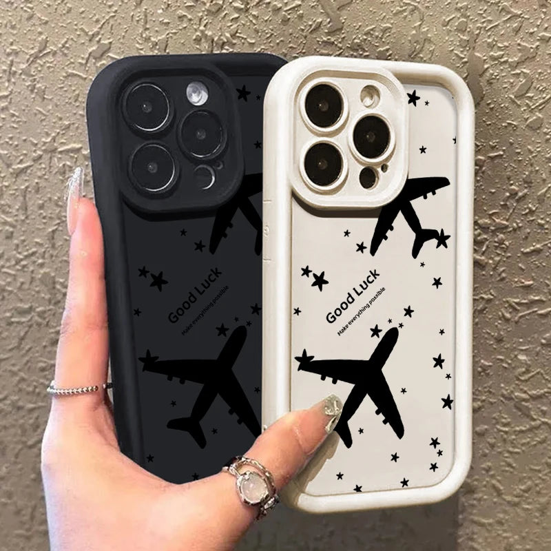 Shockproof Luxury Airplane Pattern Silicone Case For iPhone 16 15 14 Pro Max 11 12 13 Pro 16E XR 15 16 Plus Soft TPU Phone Cover