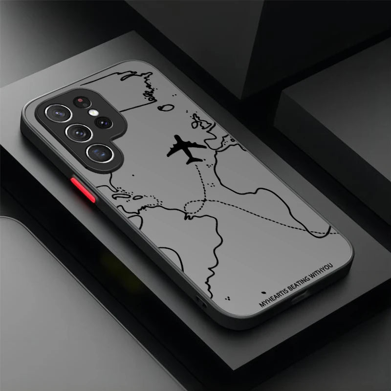 Travel Airplane Route Matte Case For Samsung Galaxy S25 Ultra S23 S24 S22 S21 Plus FE A56 A36 A26 A16 A06 A15 A25 A35 A55 5G