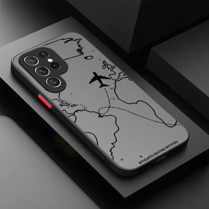 Travel Airplane Route Matte Case For Samsung Galaxy S25 Ultra S23 S24 S22 S21 Plus FE A56 A36 A26 A16 A06 A15 A25 A35 A55 5G