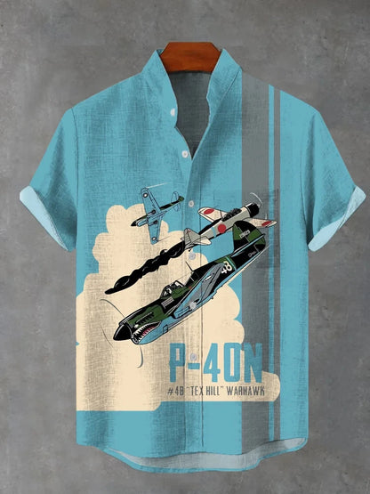 Men's stylish airplane print short sleeve shirt polyester fabric suitable for summer vacation